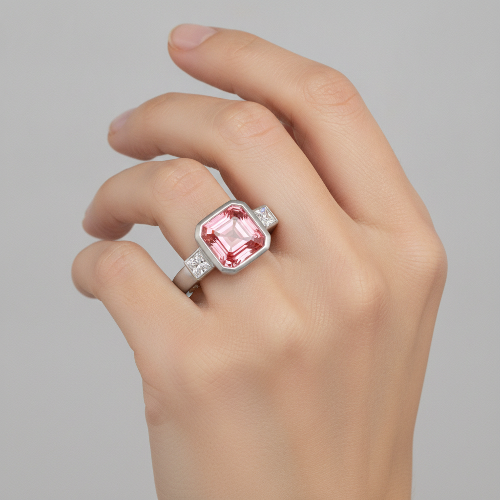 Verlobungsring mit pfirsichfarbenem Saphir, 2,9 Karat natürlicher Asscher-Padparadscha und weiße Baguette-Lünette, Drei-Stein, 14 Karat Gold