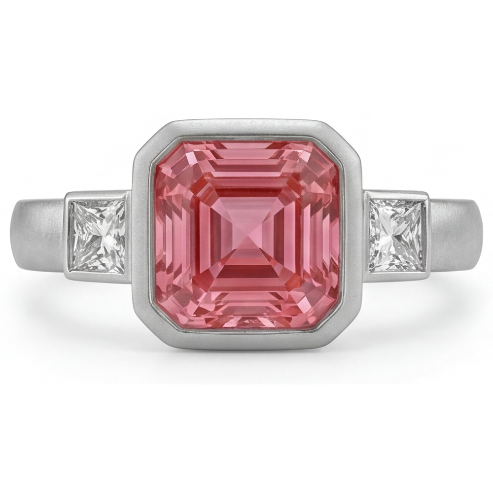 Verlobungsring mit pfirsichfarbenem Saphir, 2,9 Karat natürlicher Asscher-Padparadscha und weiße Baguette-Lünette, Drei-Stein, 14 Karat Gold