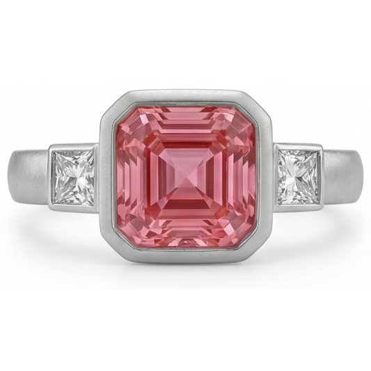 Verlobungsring mit pfirsichfarbenem Saphir, 2,9 Karat natürlicher Asscher-Padparadscha und weiße Baguette-Lünette, Drei-Stein, 14 Karat Gold