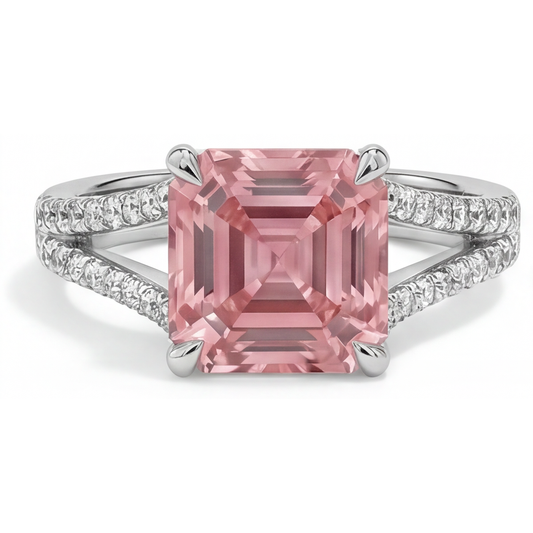 Pavé-Ring aus 14 Karat Weißgold mit natürlichem pfirsichfarbenem Padparadscha-Saphir von 3,8 Karat im Asscher-Schliff