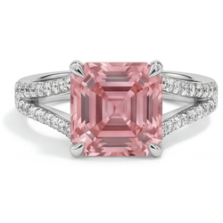 Pavé-Ring mit natürlichem pfirsichfarbenem Padparadscha-Saphir im Asscher-Schliff, 3,8 Karat, 14 Karat Weißgold