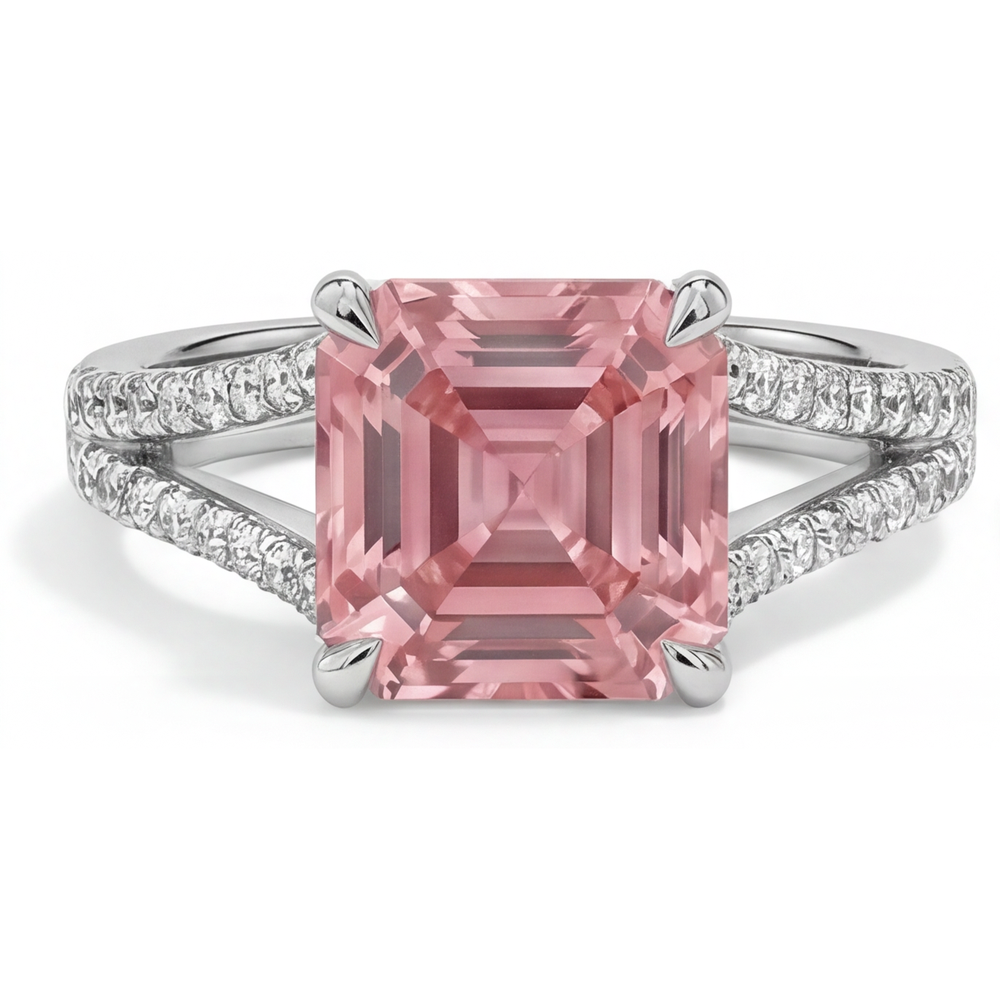 Pavé-Ring mit natürlichem pfirsichfarbenem Padparadscha-Saphir im Asscher-Schliff, 3,8 Karat, 14 Karat Weißgold