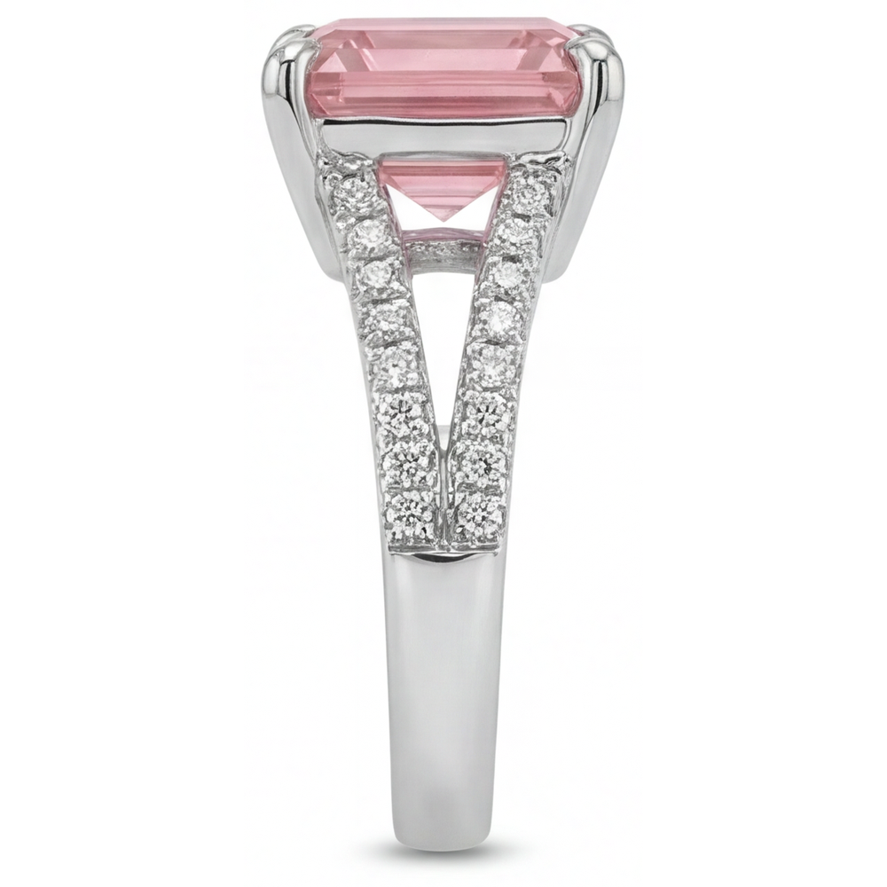 Verlobungsring mit natürlichem pfirsichfarbenem Padparadscha-Saphir, 3,8 Karat, Asscher-Schliff, Pavé, 14 Karat Weißgold