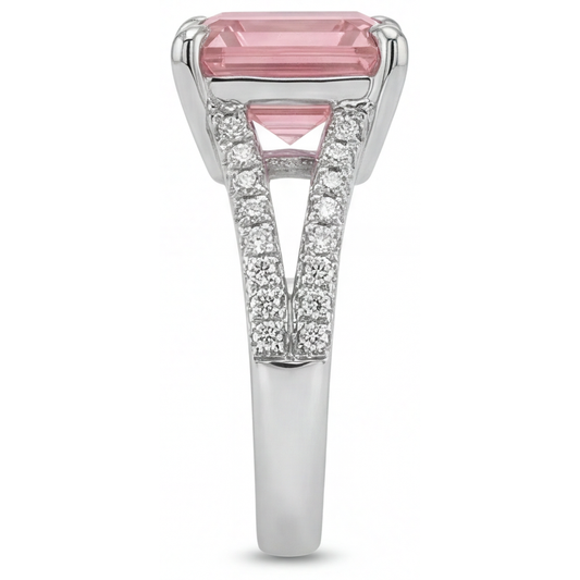 Verlobungsring mit natürlichem pfirsichfarbenem Padparadscha-Saphir, 3,8 Karat, Asscher-Schliff, Pavé, 14 Karat Weißgold