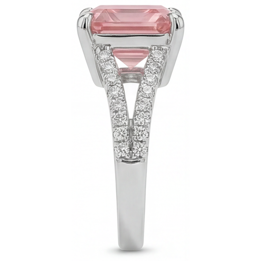 Pavé-Ring mit natürlichem pfirsichfarbenem Padparadscha-Saphir im Asscher-Schliff, 3,8 Karat, 14 Karat Weißgold