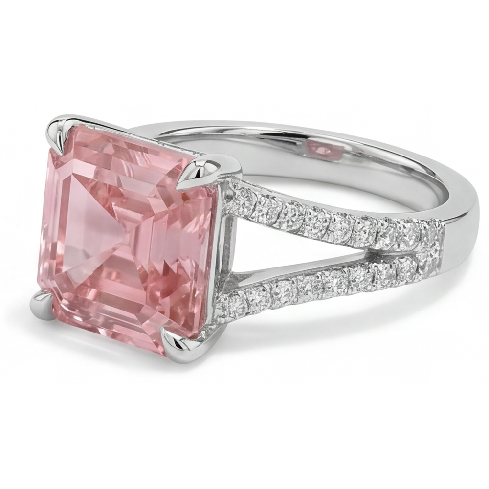 Pavé-Ring mit natürlichem pfirsichfarbenem Padparadscha-Saphir im Asscher-Schliff, 3,8 Karat, 14 Karat Weißgold