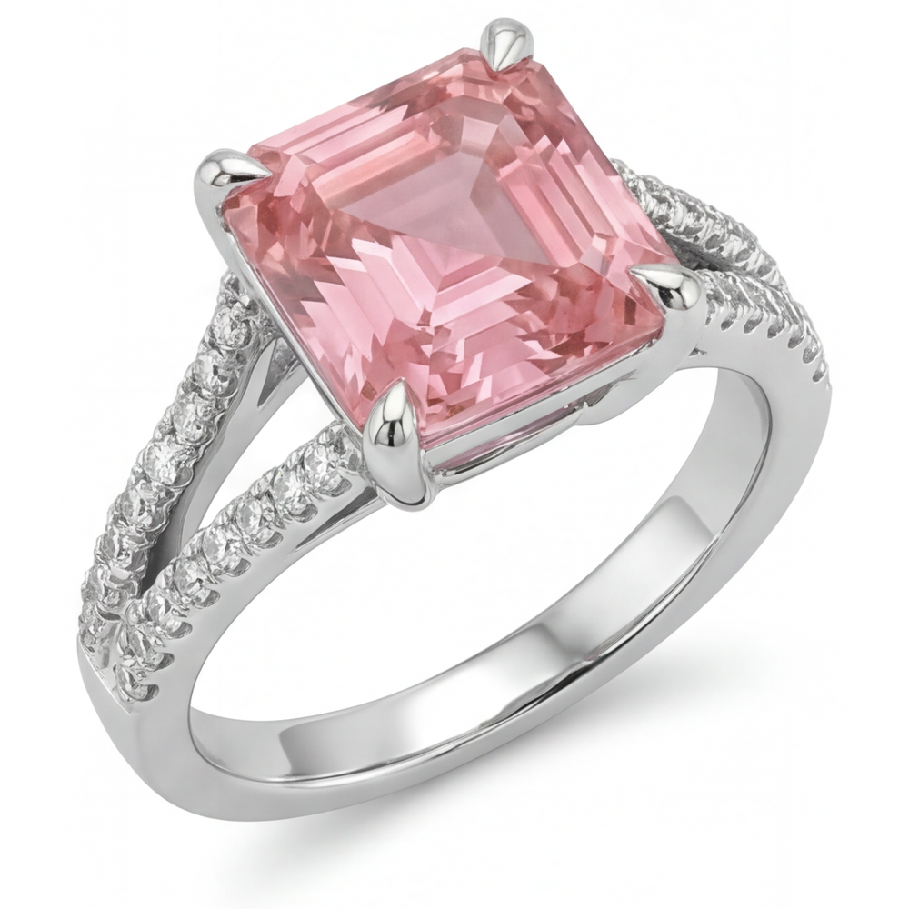 Pfirsich-Padparadscha-Saphir Verlobungsring 3,8 Karat Natürlicher Asscher-Schliff Pavé 14 Karat Weißgold