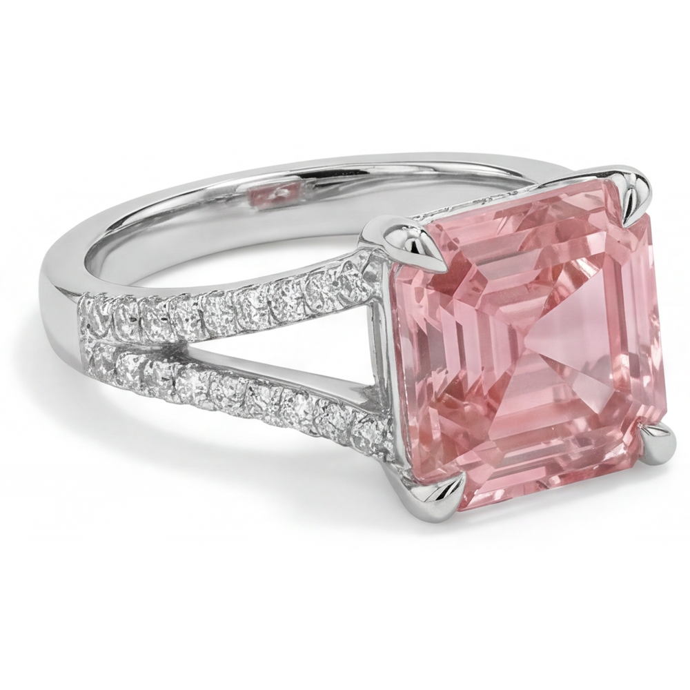 Pavé-Ring mit natürlichem pfirsichfarbenem Padparadscha-Saphir im Asscher-Schliff, 3,8 Karat, 14 Karat Weißgold
