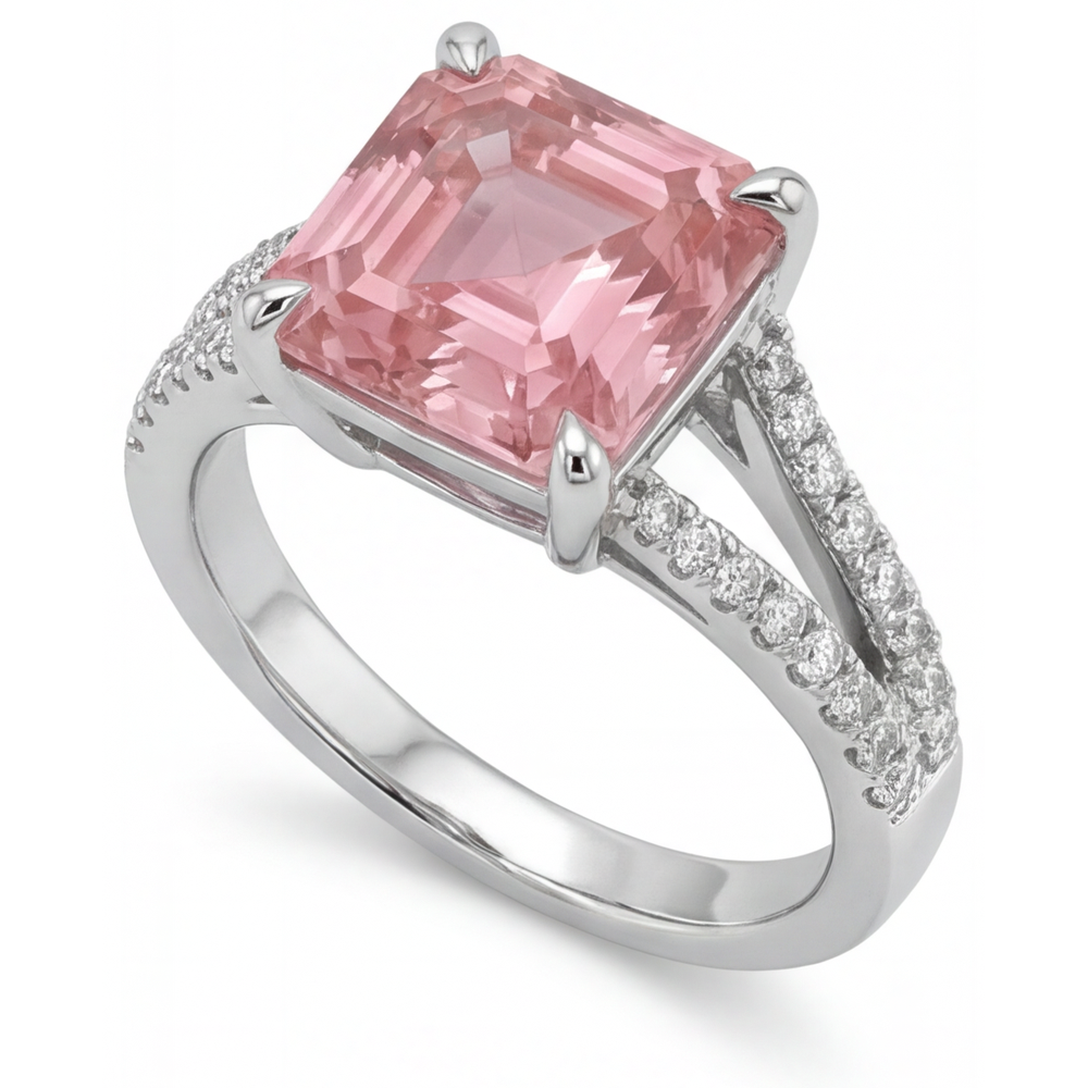 Pfirsich-Padparadscha-Saphir Verlobungsring 3,8 Karat Natürlicher Asscher-Schliff Pavé 14 Karat Weißgold