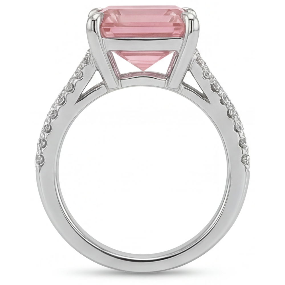 Verlobungsring mit natürlichem pfirsichfarbenem Padparadscha-Saphir, 3,8 Karat, Asscher-Schliff, Pavé, 14 Karat Weißgold