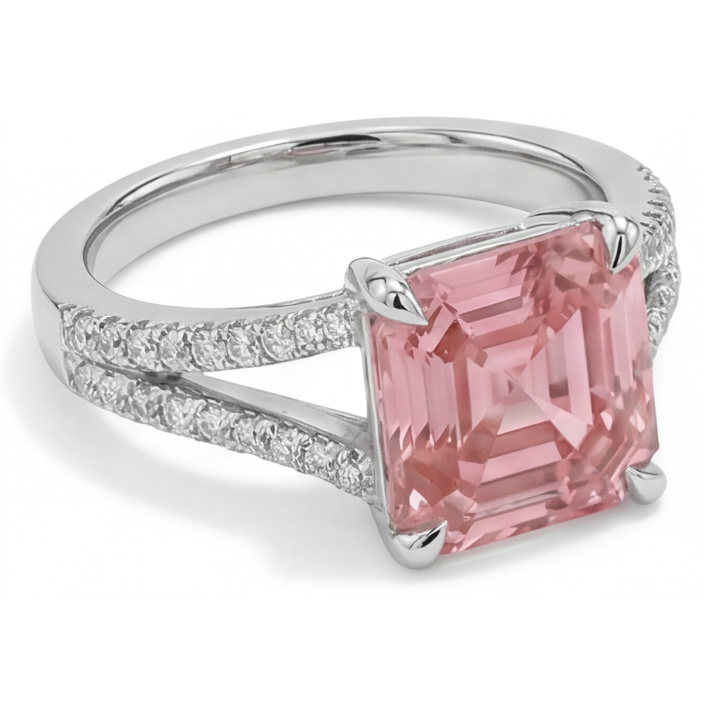 Pavé-Ring mit natürlichem pfirsichfarbenem Padparadscha-Saphir im Asscher-Schliff, 3,8 Karat, 14 Karat Weißgold