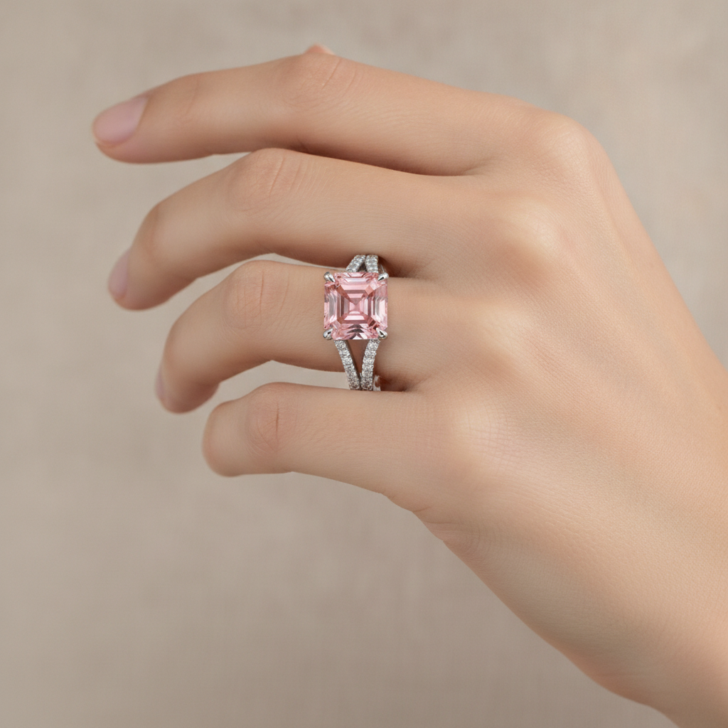 Pfirsich-Padparadscha-Saphir Verlobungsring 3,8 Karat Natürlicher Asscher-Schliff Pavé 14 Karat Weißgold