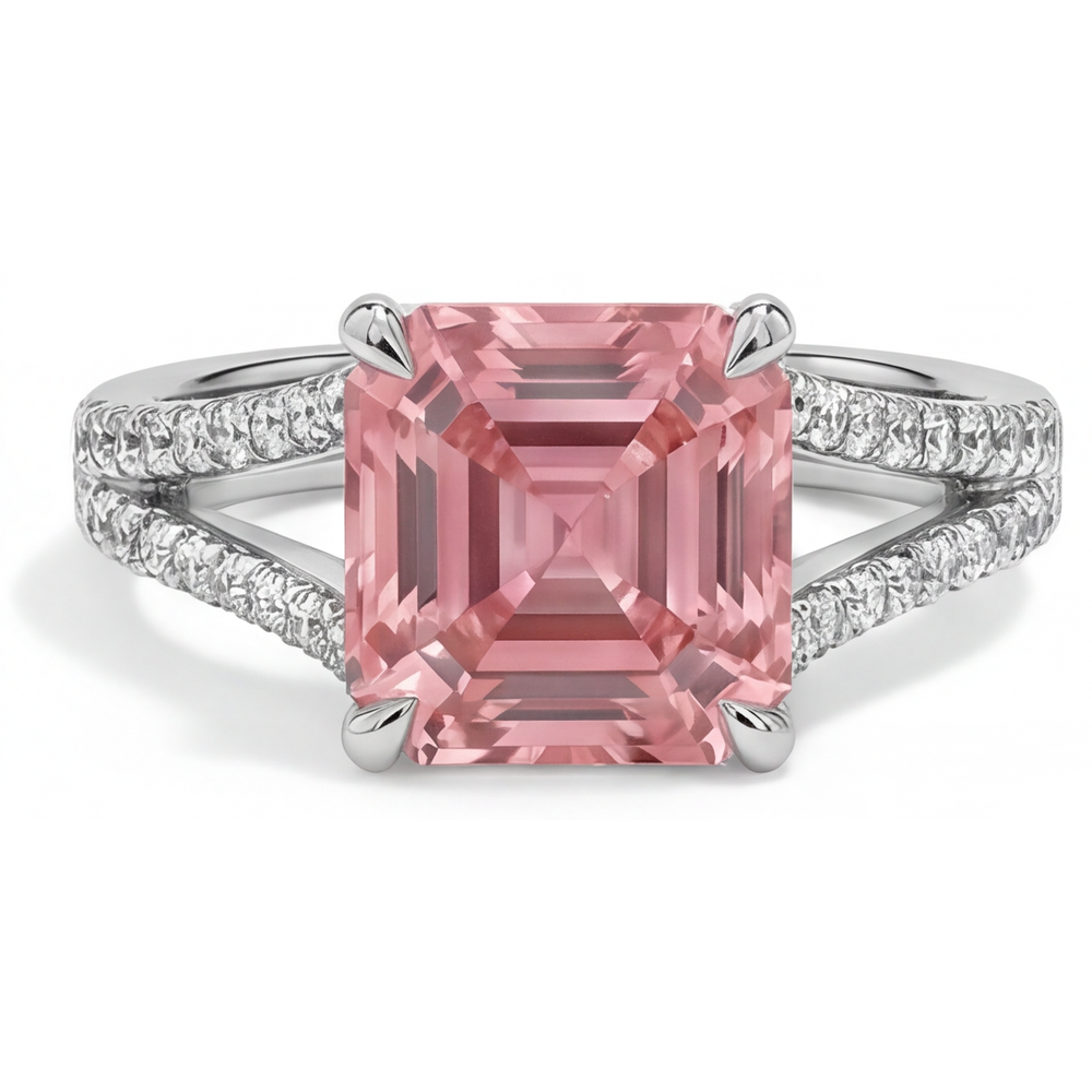 Pfirsich-Padparadscha-Saphir Verlobungsring 3,8 Karat Natürlicher Asscher-Schliff Pavé 14 Karat Weißgold