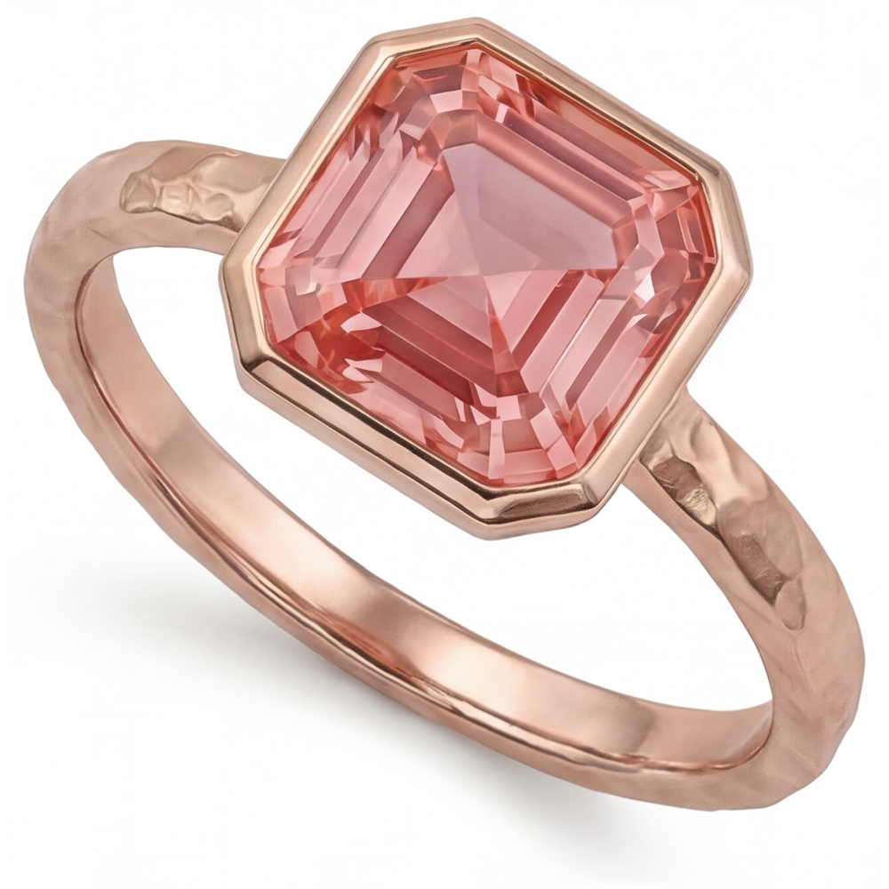 Pfirsichfarbener Saphir Roségold Verlobungsring 2,5 Karat Echter Asscher-Padparadscha Lünette Solitär