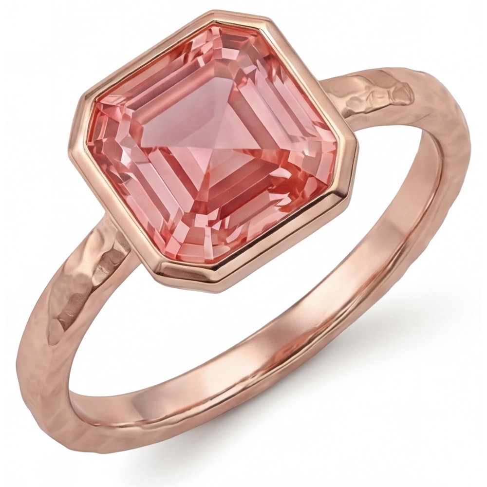 Pfirsichfarbener Saphir Roségold Verlobungsring 2,5 Karat Echter Asscher-Padparadscha Lünette Solitär
