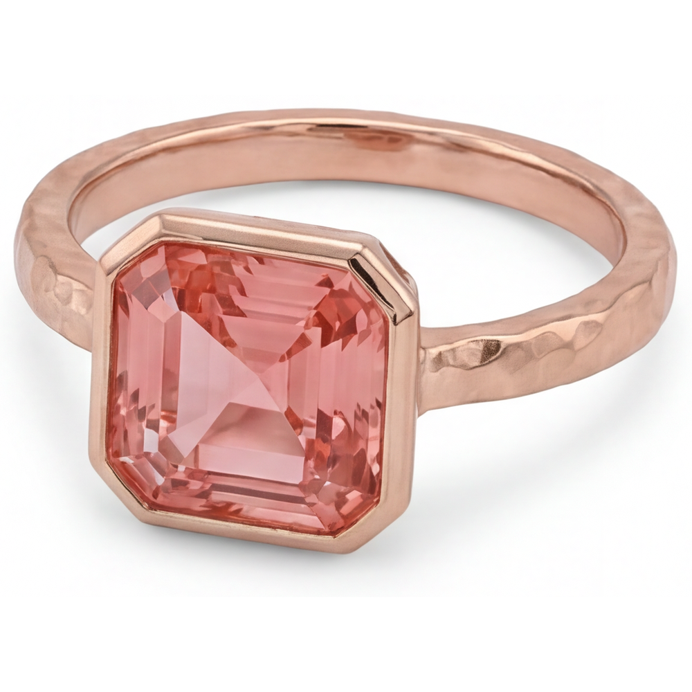 Pfirsichfarbener Saphir Roségold Verlobungsring 2,5 Karat Echter Asscher-Padparadscha Lünette Solitär