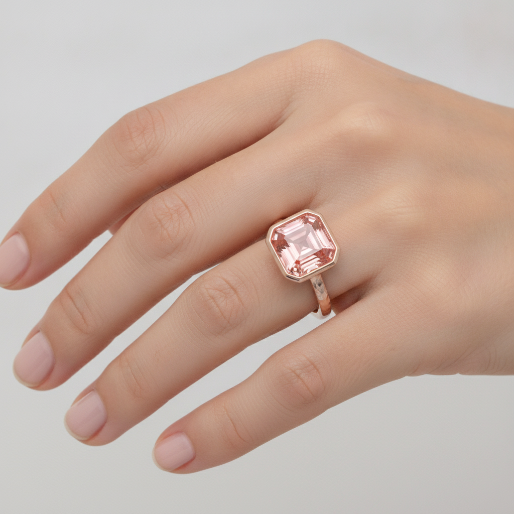 Pfirsichfarbener Saphir Roségold Verlobungsring 2,5 Karat Echter Asscher-Padparadscha Lünette Solitär