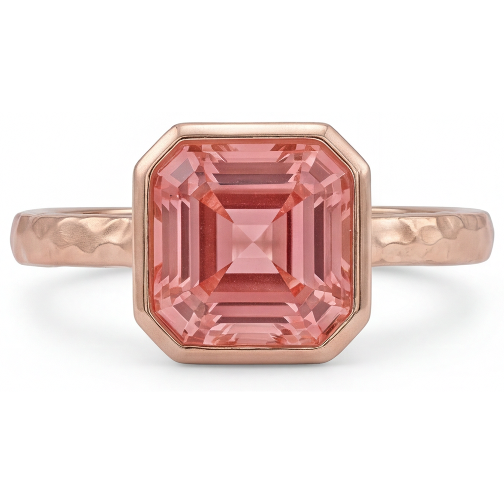 Pfirsichfarbener Saphir Roségold Verlobungsring 2,5 Karat Echter Asscher-Padparadscha Lünette Solitär