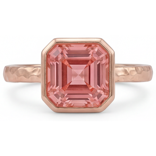 Pfirsichfarbener Saphir Roségold Verlobungsring 2,5 Karat Echter Asscher-Padparadscha Lünette Solitär