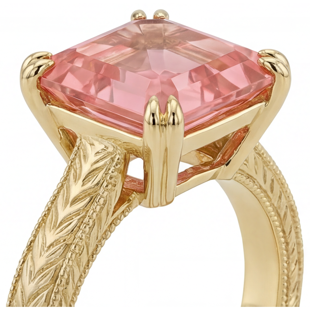Verlobungsring mit pfirsichfarbenem Saphir 3,5 Karat Natürlicher Padparadscha Solitär im Asscher-Schliff 14 Karat Gelbgold