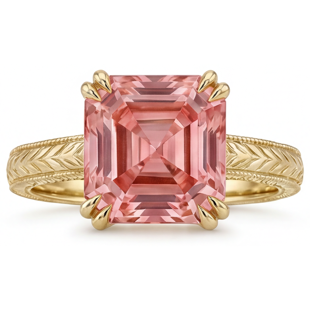 Verlobungsring mit pfirsichfarbenem Saphir 3,5 Karat Natürlicher Padparadscha Solitär im Asscher-Schliff 14 Karat Gelbgold