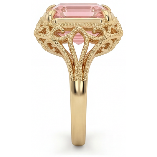 Vintage-Solitärring aus 14 Karat Gelbgold mit echtem pfirsichfarbenem Padparadscha-Saphir, 3,5 Karat, Asscher-Schliff