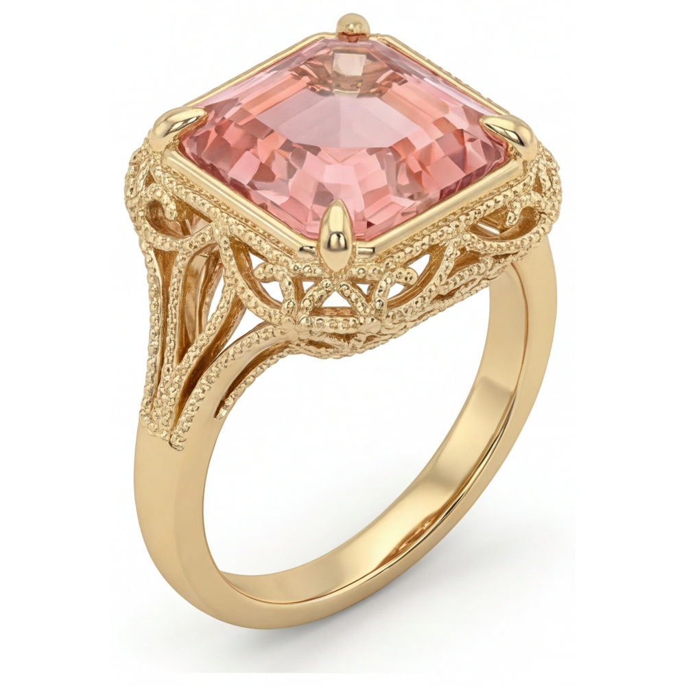 Vintage-Solitärring aus 14 Karat Gelbgold mit echtem pfirsichfarbenem Padparadscha-Saphir, 3,5 Karat, Asscher-Schliff