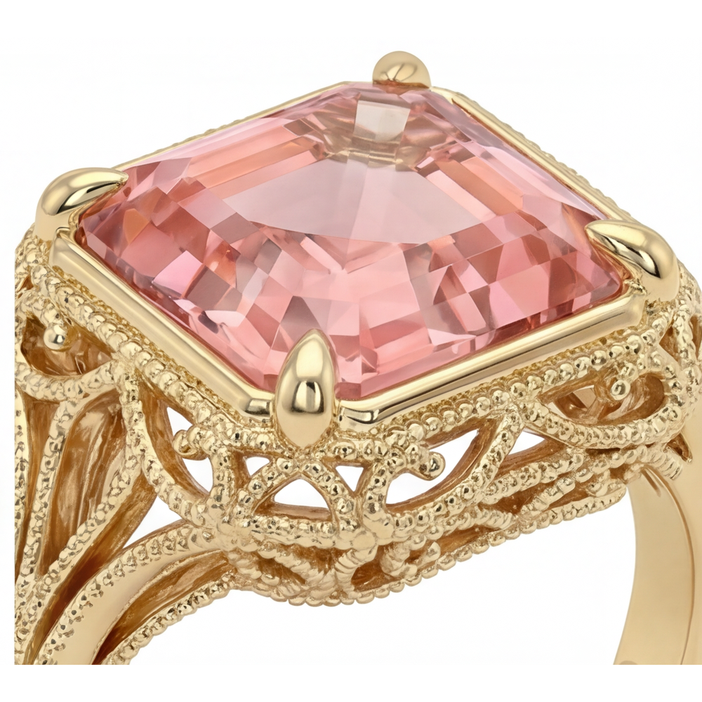 Vintage-Solitärring aus 14 Karat Gelbgold mit echtem pfirsichfarbenem Padparadscha-Saphir, 3,5 Karat, Asscher-Schliff