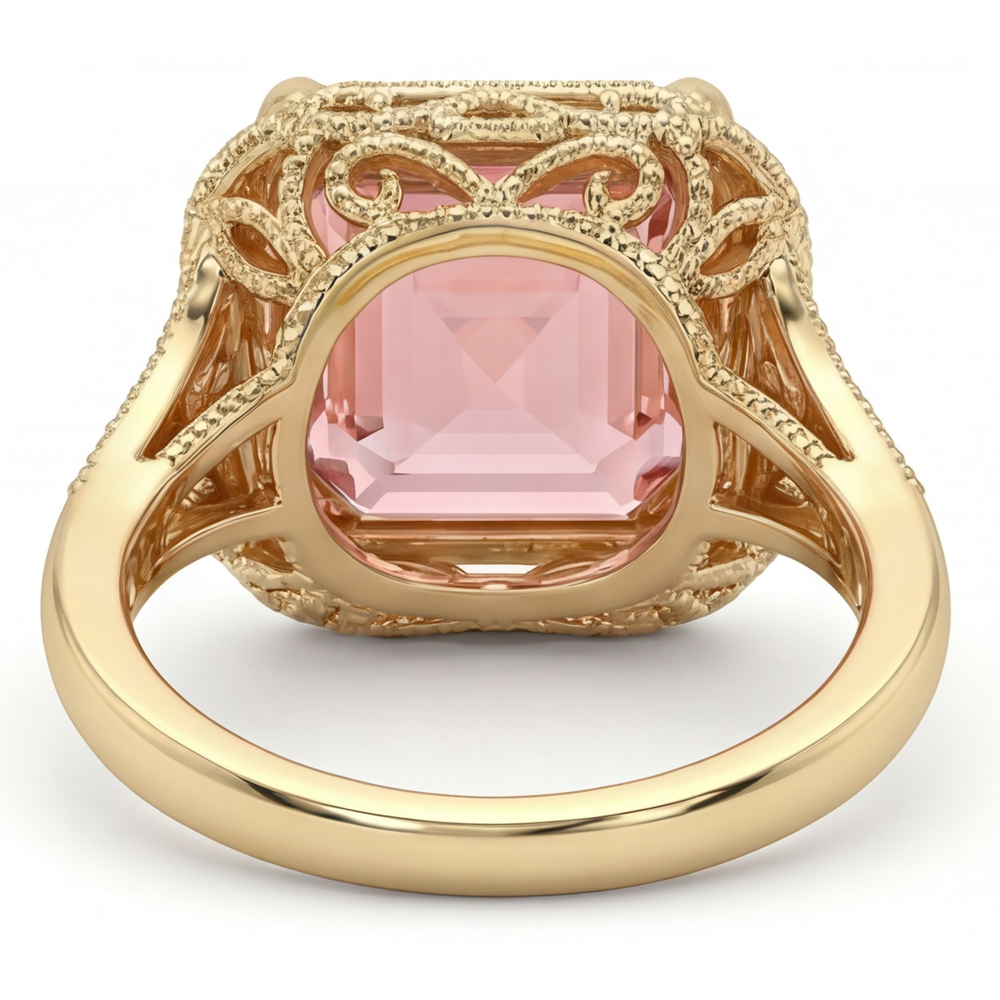 Vintage-Solitärring aus 14 Karat Gelbgold mit echtem pfirsichfarbenem Padparadscha-Saphir, 3,5 Karat, Asscher-Schliff