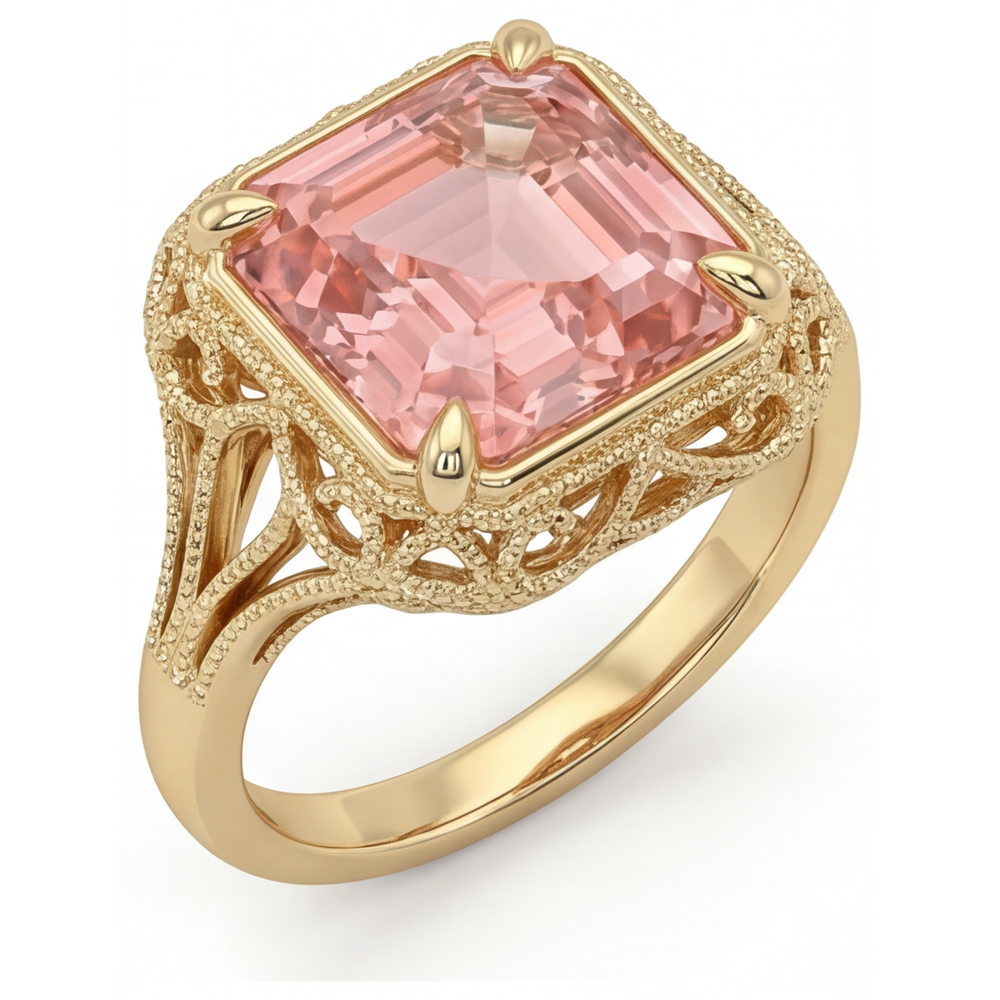 Vintage-Solitärring aus 14 Karat Gelbgold mit echtem pfirsichfarbenem Padparadscha-Saphir im Asscher-Schliff, 3,5 Karat