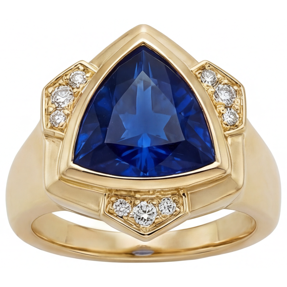 Triangelschliff Blauer Saphir Ring in 14 Karat Gelbgold – Frontansicht