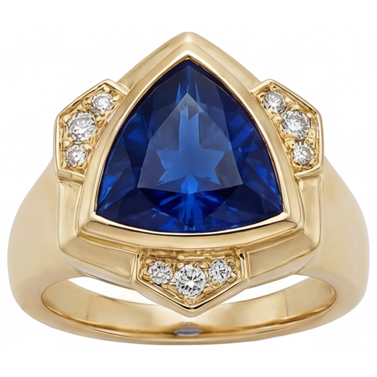Triangelschliff Blauer Saphir Ring in 14 Karat Gelbgold – Frontansicht