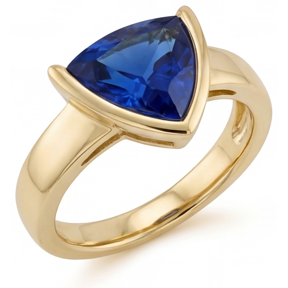 Blauer Saphir Trillion-Schliff Edelstein-Ring in 14 Karat Gelbgold – Frontansicht