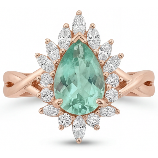 Authentischer Blauer Saphir Halo-Verlobungsring 3,5 Karat 14K Roségold – Schrägansicht