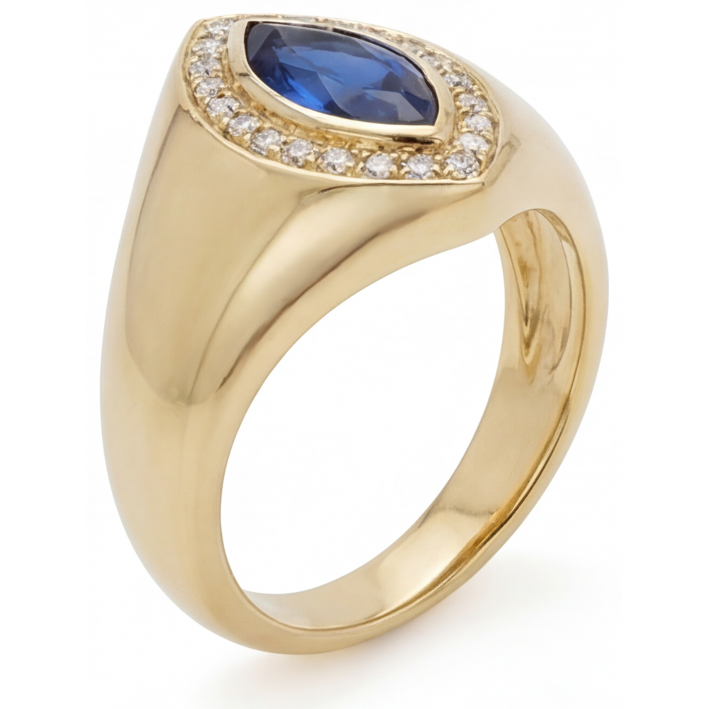 Blauer Saphir Marquise-Schliff Schmuckstein-Ring in 14 Karat Gelbgold – Frontansicht