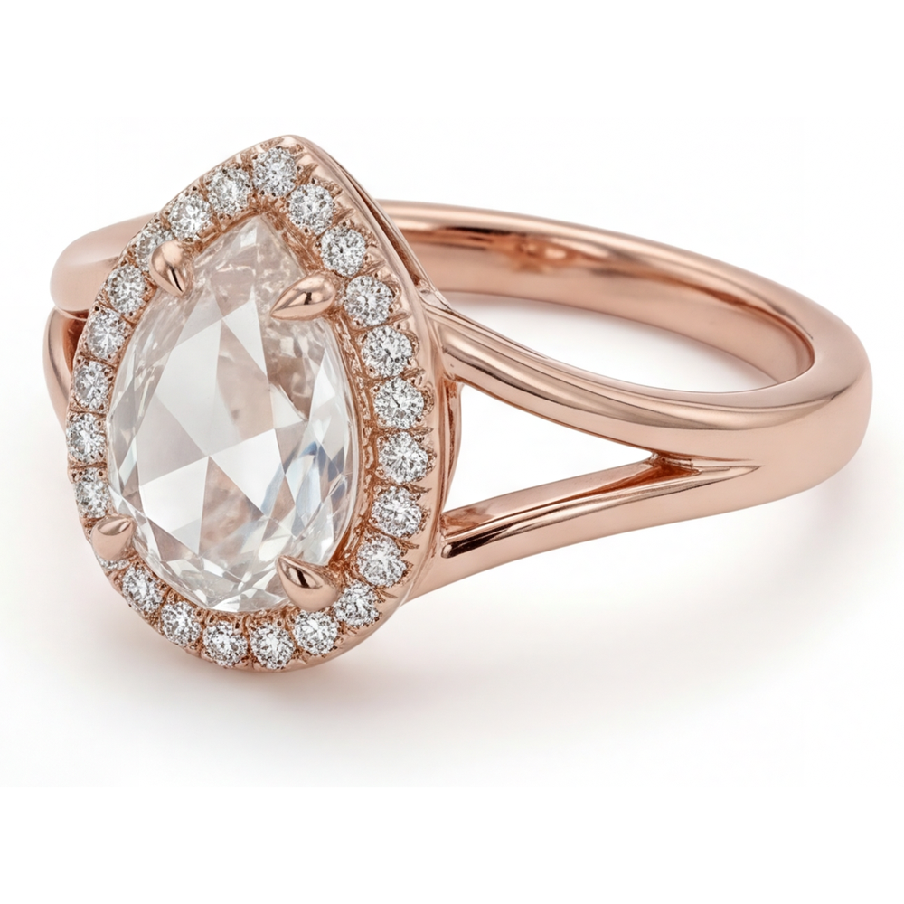 Tropfen-Schliff Brillant Ring in 14K Roségold – Frontansicht