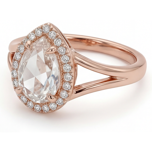 Tropfen-Schliff Brillant Ring in 14K Roségold – Frontansicht