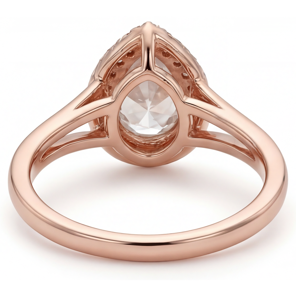 Brillant Tropfen-Schliff Halo-Verlobungsring in 14K Roségold – Profilansicht