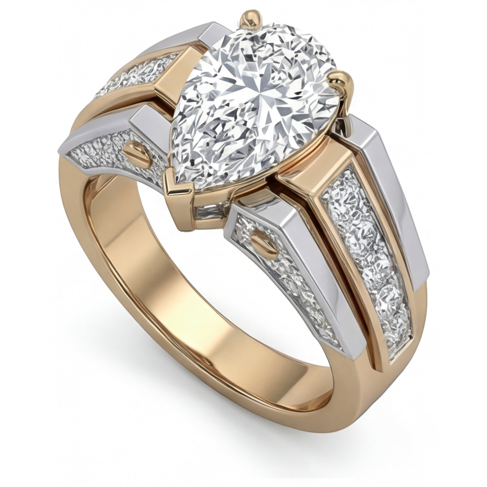 Birnen-Schliff Brillant Ring in 14 Karat Zweifarbig Gold – Schrägansicht