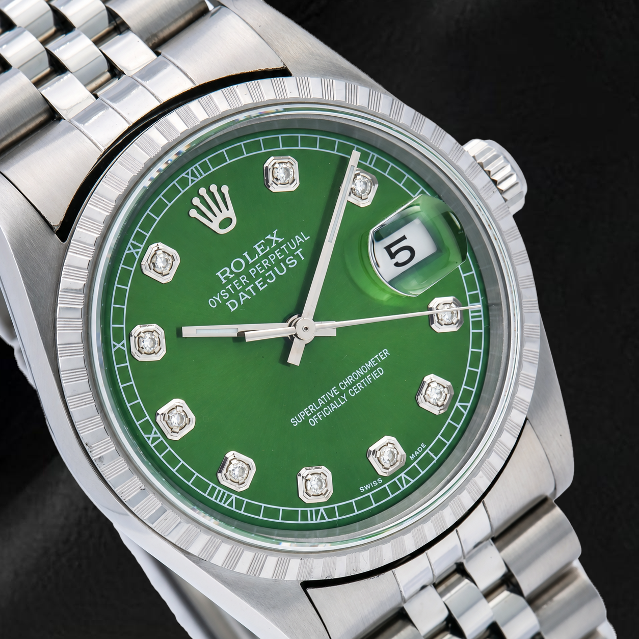 Rolex Datejust 16220 36 mm Uhr aus Edelstahl mit grünem Diamantzifferblatt