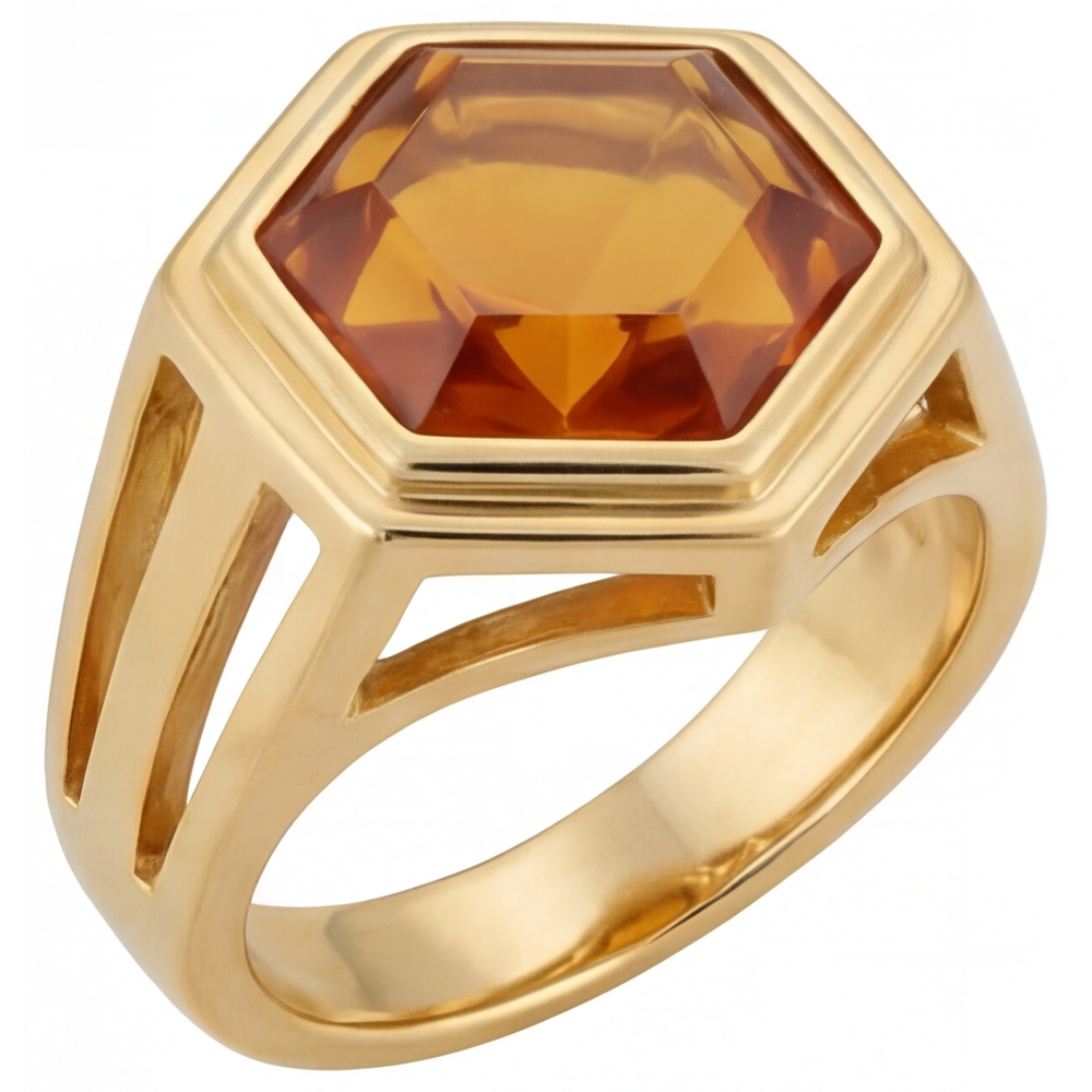 Citrin Hexagon Schmuckstein-Ring in 14K Gelbgold – Frontansicht