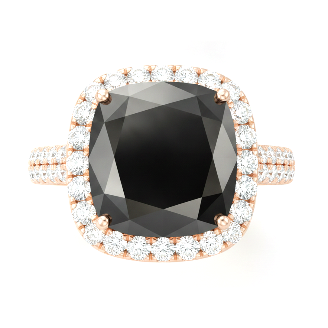 Verlobungsring mit echtem schwarzem Diamanten, 7,2 Karat, Kissenschliff, Halo, 14 Karat Roségold