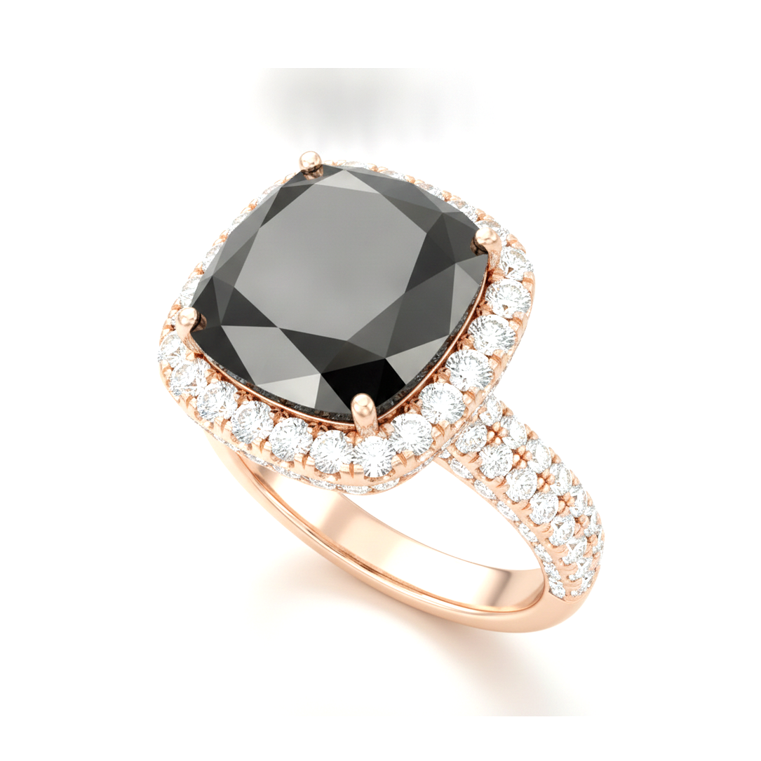 Verlobungsring mit echtem schwarzem Diamanten, 7,2 Karat, Kissenschliff, Halo, 14 Karat Roségold