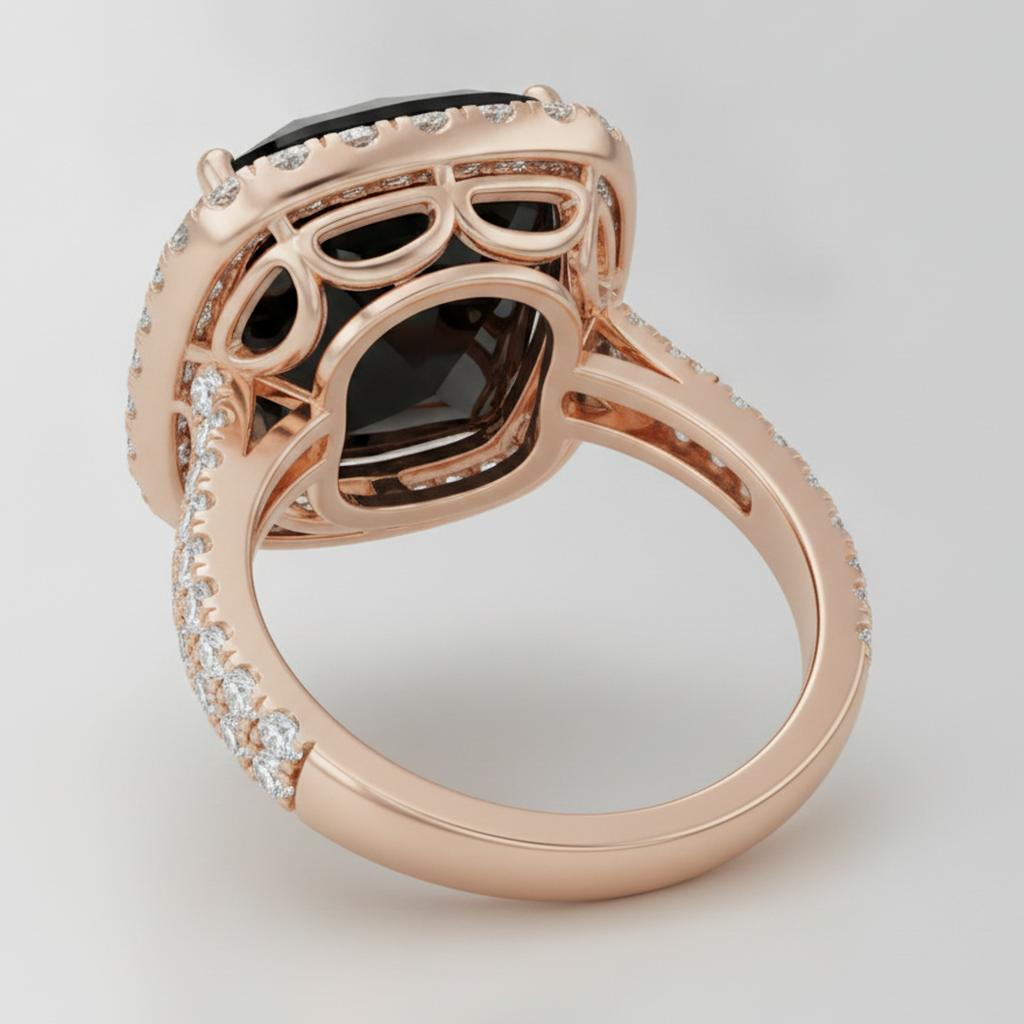 Verlobungsring mit echtem schwarzem Diamanten, 7,2 Karat, Kissenschliff, Halo, 14 Karat Roségold
