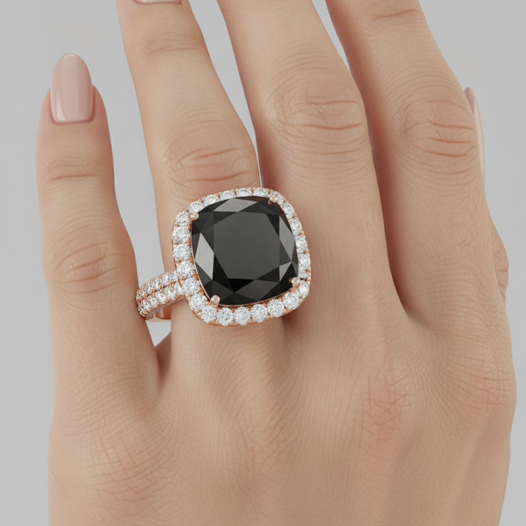 Verlobungsring mit echtem schwarzem Diamanten, 7,2 Karat, Kissenschliff, Halo, 14 Karat Roségold