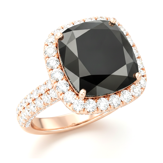 Verlobungsring mit echtem schwarzem Diamanten, 7,2 Karat, Kissenschliff, Halo, 14 Karat Roségold