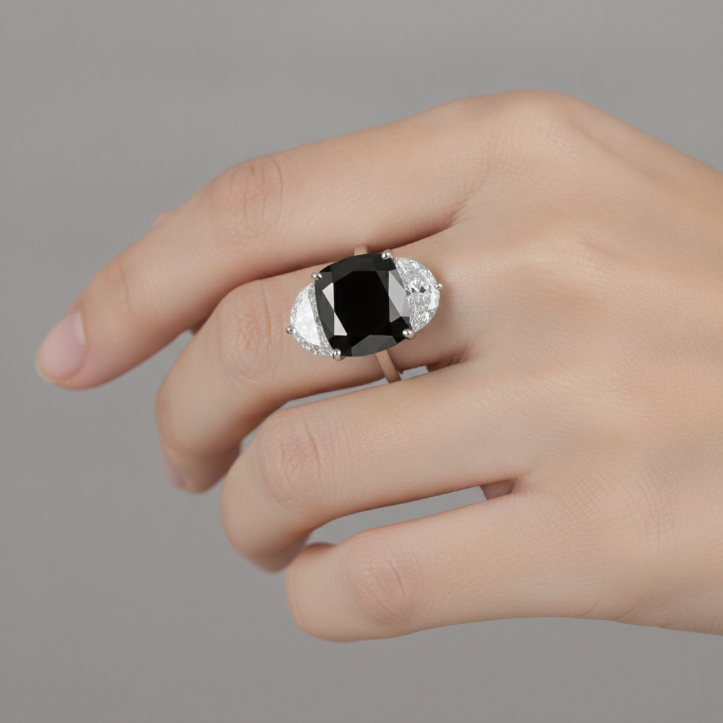 Verlobungsring mit schwarzem Diamanten, 4,6 Karat, natürlicher Kissenschliff, Halbmond, Dreistein, 14 Karat Weißgold