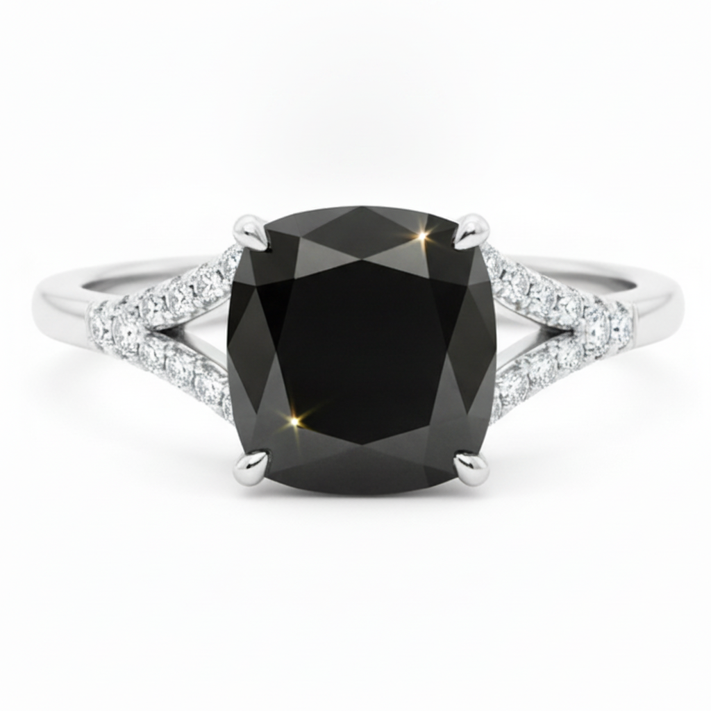 Schwarzer Diamantring 3,2 Karat Echter Kissenschliff Pavé Kathedralfassung 14 Karat Weißgold