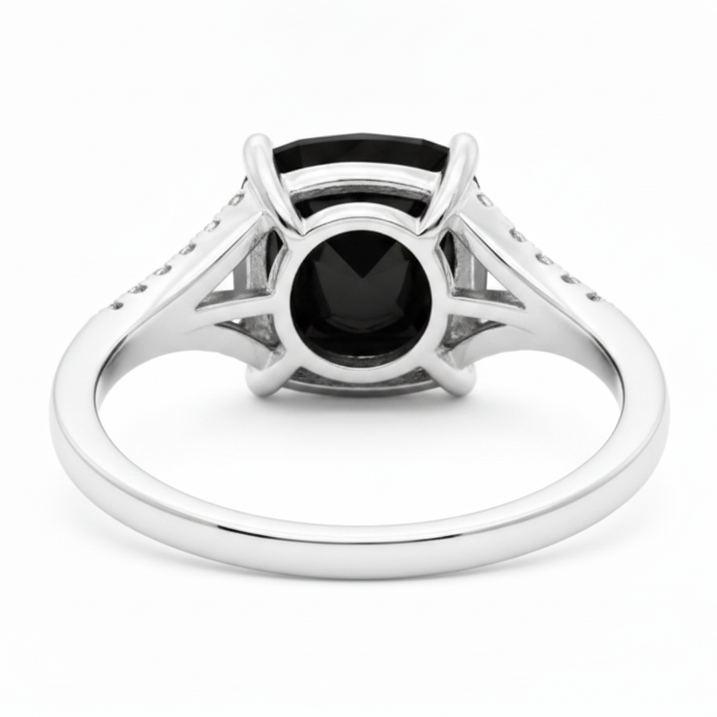Schwarzer Diamantring 3,2 Karat Echter Kissenschliff Pavé Kathedralfassung 14 Karat Weißgold