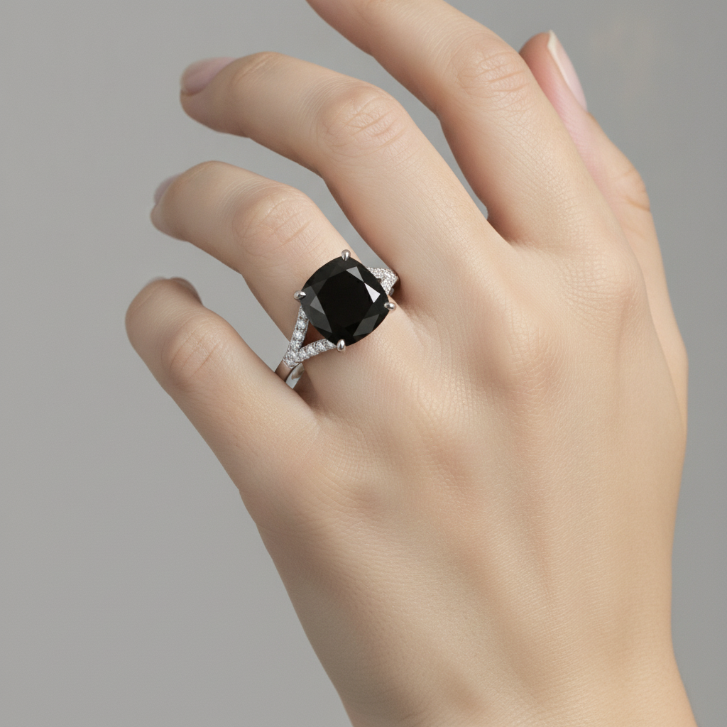 Schwarzer Diamantring 3,2 Karat Echter Kissenschliff Pavé Kathedralfassung 14 Karat Weißgold